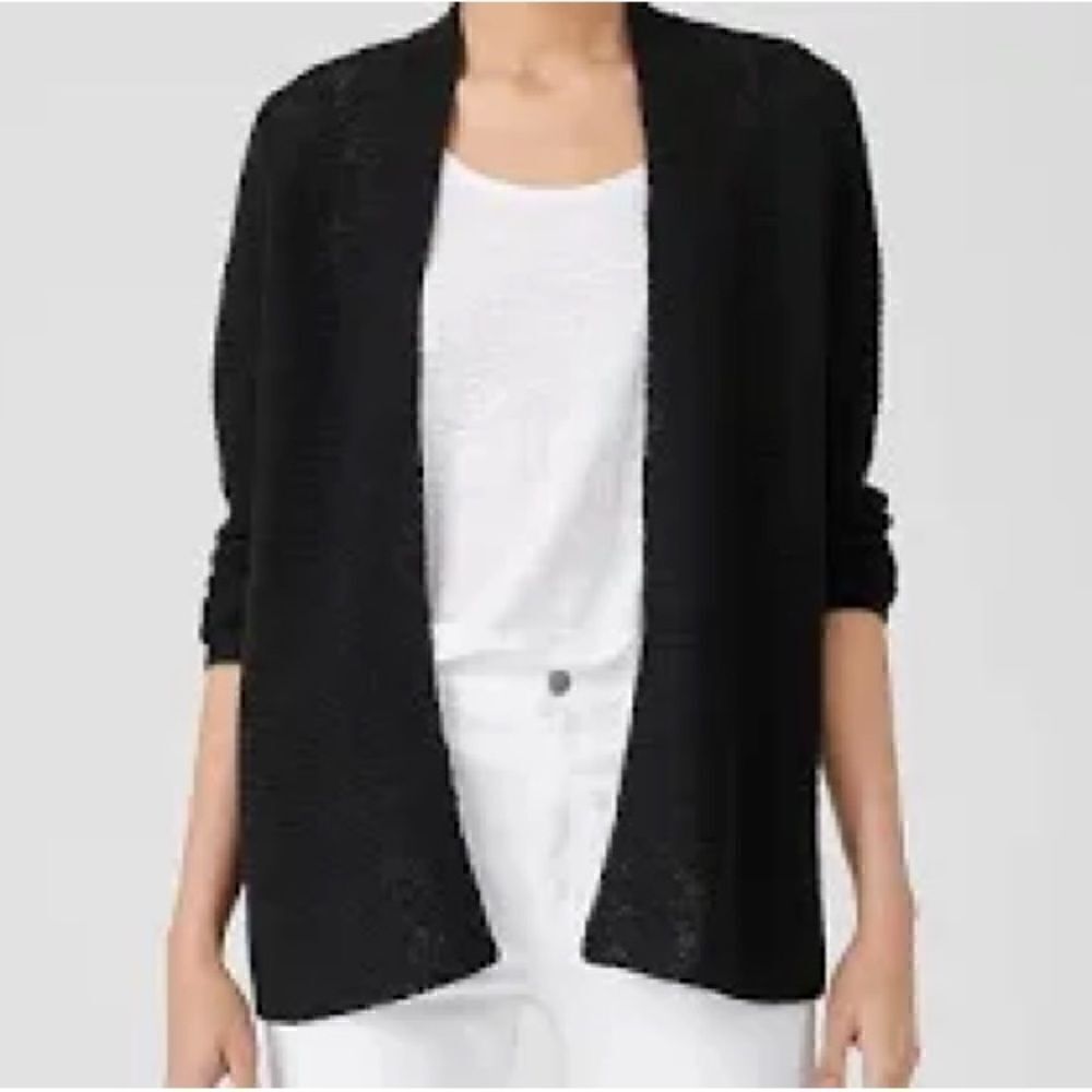 Eileen Fisher Woman Size 1X Black Textured Cotton Blend Notched Collar Cardigan.